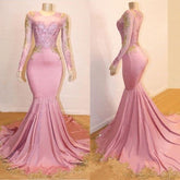 Chic Pink Appliques Long Sleeves Mermaid Sweep Train Prom Dress